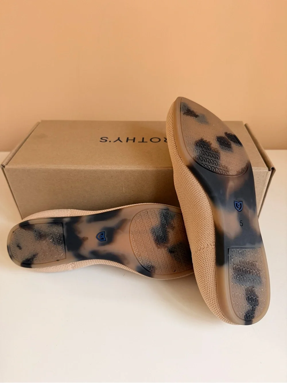 Rothy's Ecru Pointed Ballet Flats with Blue Trim
